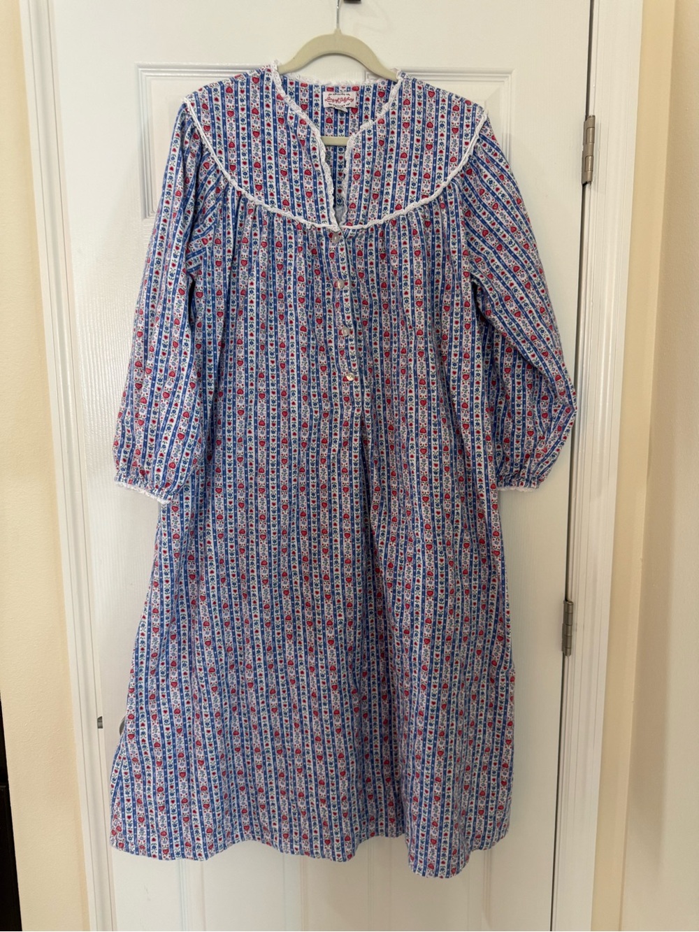 Lanz of Salzburg 100% Cotton Blue Floral Stripe Women's Long Nightgown